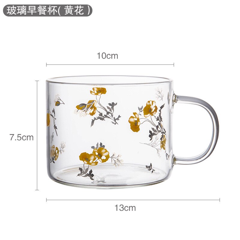 Taza de vidrio transparente con estampado de dibujos animados, vaso de café de vidrio de alto borosilicato con asa, taza de leche para desayuno y postre, 500ml, 1 unidad: Yellow flowers