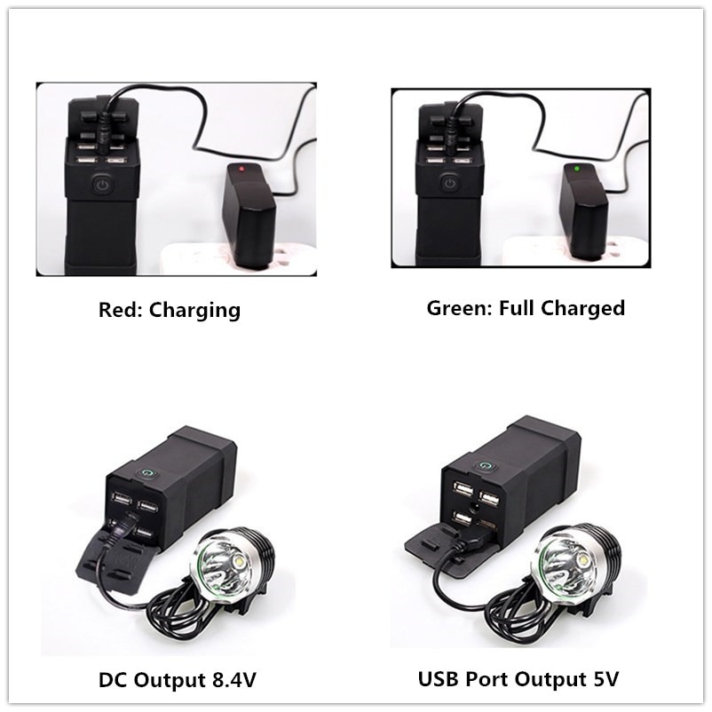 Waterproof 8400mAh 4X18650 8.4V T6 Bicycle Lights Battery Pack Mobile Phone Power Bank DC Output 8.4V + 4PCS Output 5V USB Port