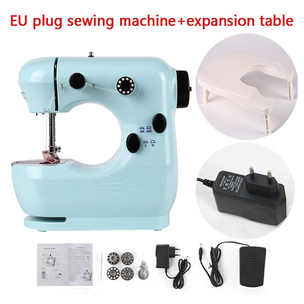 Sewing Machine Mini Portable Household Small With Night Light Pedal Electric Set Multifunctional Handicraft Repair Beginner Blue: EU plug with table