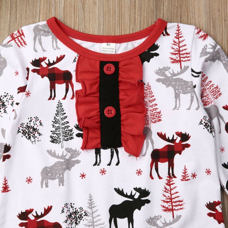 Baby forår efterår tøj jul nyfødt spædbarn baby pige rensdyr print tøj romper jumpsuit flæsede outfits 0-24m