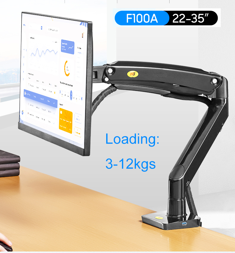 NB F100A Gas Spring Arm 22-35 inch Screen Desktop Monitor Holder 360 Rotate 3-12kgs Monitor Mount Arm with USB 3.0 Port
