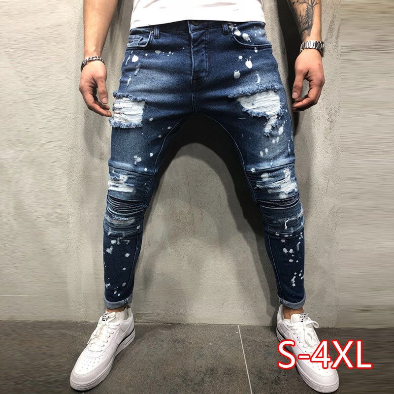 Men's Painted Skinny Slim Fit Straight Ripped Distressed Pleated Knee Patch Denim Pants Stretch Jeans