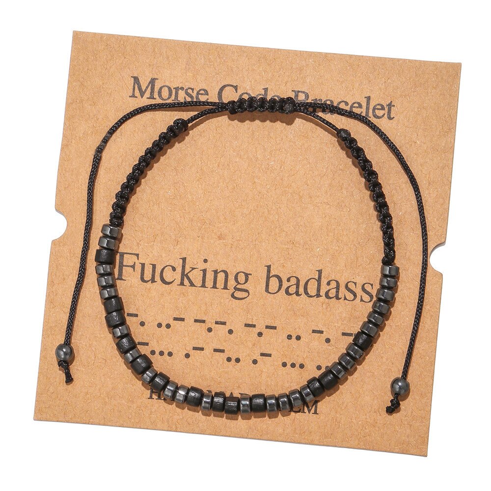 Morse Code Bracelet Black Iron Stone Beaded Hand-woven Card Couple Bracelet: Fucking Badss