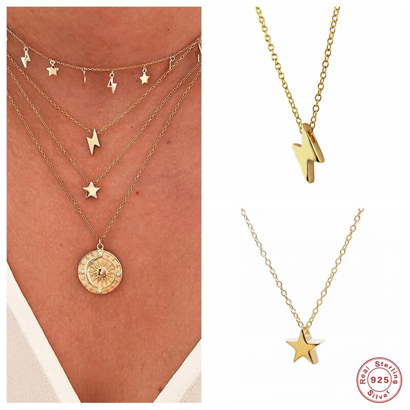 Collane con ciondolo con ciondolo a forma di bullone a forma di stella in argento Sterling 925 per donna collana a catena sottile girocollo impilabile gioielleria raffinata