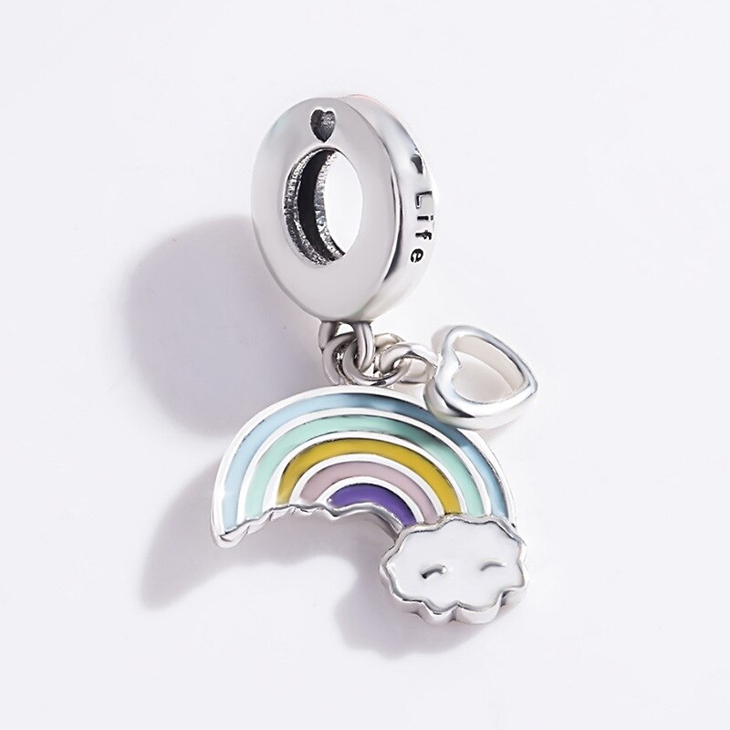 Genuine 925 Sterling Silver Charm Enamel Rainbow Of Love Heart Engraved Life Beads Fit Pan Bracelet & Necklace Jewelry