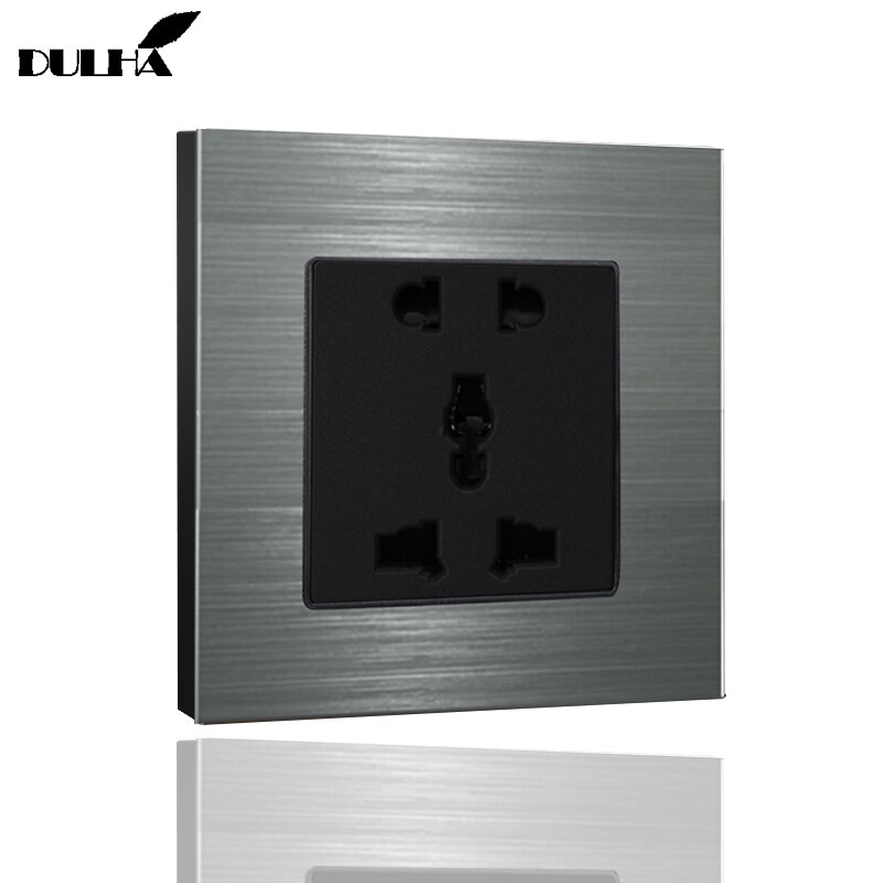 EU UK US Universal 5-Pins/hole Wall Socket, Multifuncational 5 Pin Electrical Plug Power Outlet, Luxury Brushed Aluminum Panel