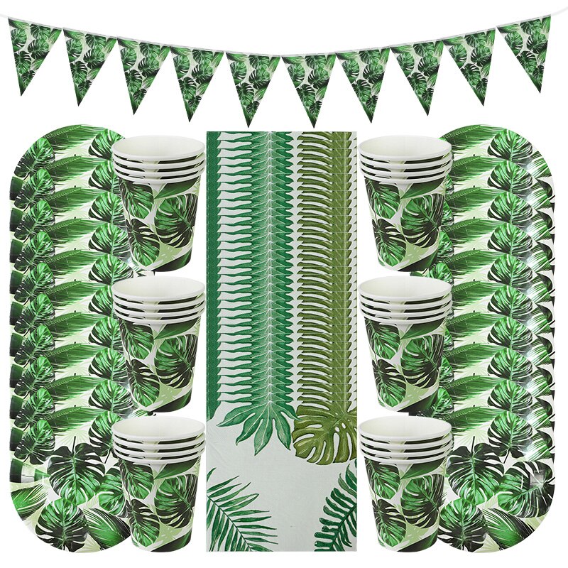 Hawaiisk festindretning palmeblade bunting banner papir tallerkener kop servietter engangsservice sæt sommer tropiske festartikler
