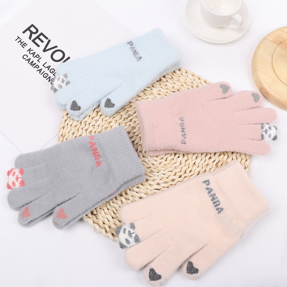 Słodki kreskówka koty rękawiczki damskie dziewczęce zimowe ciepłe rękawiczki zagęścić dzianinowe pełne mitenki rękawiczki robić ekranu dotykowego