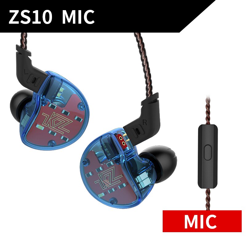 Auriculares KZ ZS10 10 auriculares con controladores 4BA + 1DD Dynamic hybrid auriculares HiFi Bass deportivos auriculares con cancelación de ruido en monitores de oído: Blue mic