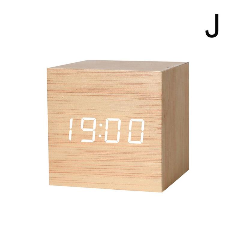Reloj despertador de madera con cubo LED, alarma Digital con Control de sonido, temperatura 24 o 24 modos, pantalla de hora, 12 C4L3: Style J