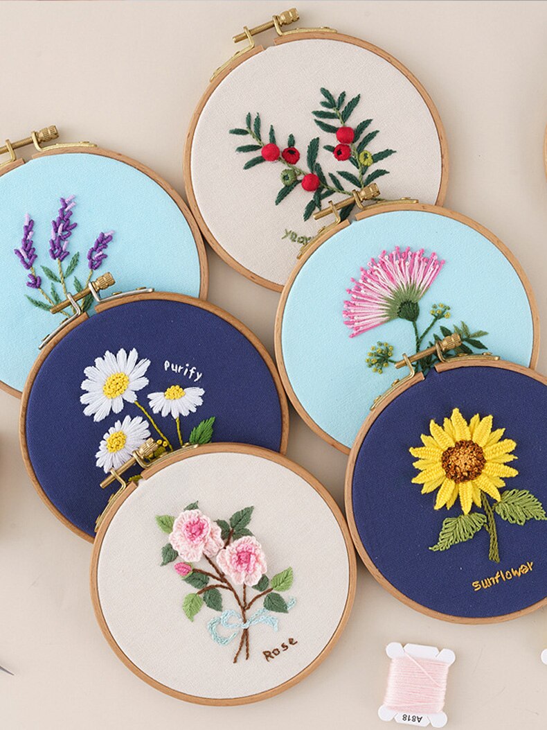 Beginner Embroidery Kit Flowers Pattern Diy Embroidery Full Kits Embroidered On Clothes Cross Stitch Sewing Embroideri With Hoop