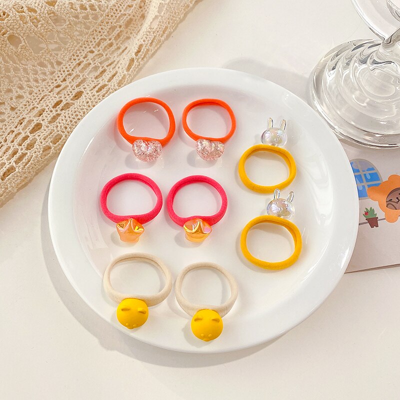 Boîte de chouchous en caoutchouc pour enfants, 5/8 pièces/boîte, bande de cheveux en forme de cœur, fleur, dessin animé, doux et brillant, accessoires pour cheveux: Yellow-8 Pcs