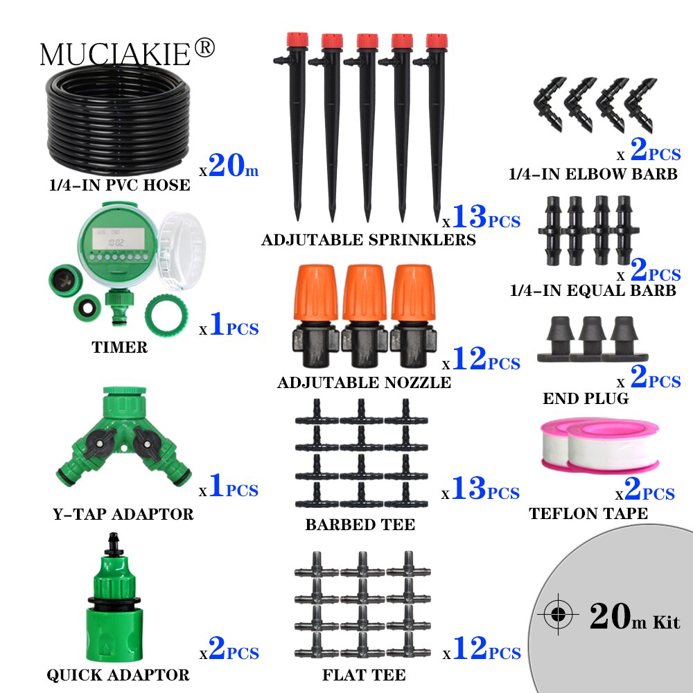 Muciakie garden 1/4 &quot; slange drypvanding automatisk vanding kit tåge spray kølesystem med justerbar drypper controller: 20m 4 l 7 timersæt