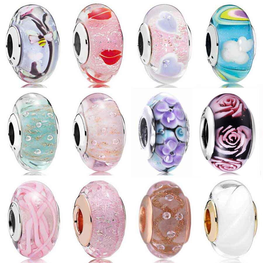 Abbondante Cuori Incantato Giardino Iridescent Arcobaleno Baci In Vetro di Murano Misura Branelli Pandora Braccialetto Dell'argento Sterlina 925 di Fascino