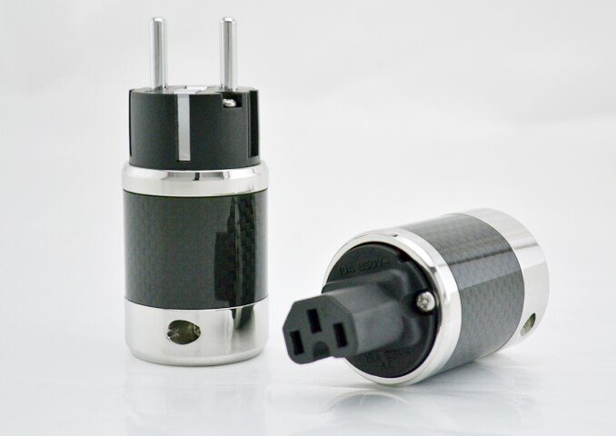 Paire haut de gamme en Fiber de carbone plaqué Rhodium câble d'alimentation ca IEC connecteur femelle Hifi 2 broches EU EUR schuko prise de courant