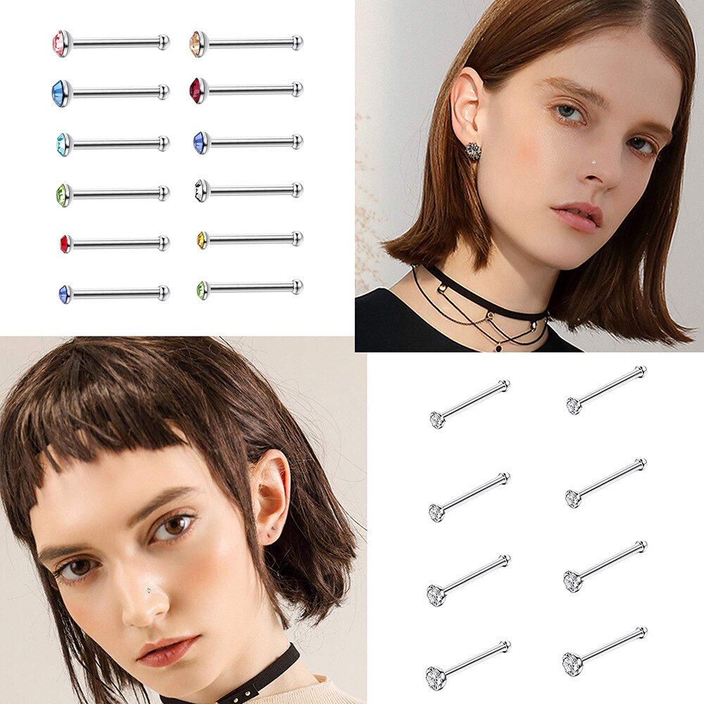 60/24pcs Set di borchie per naso in cristallo in acciaio inossidabile Set di Piercing per naso in acciaio chirurgico per donna