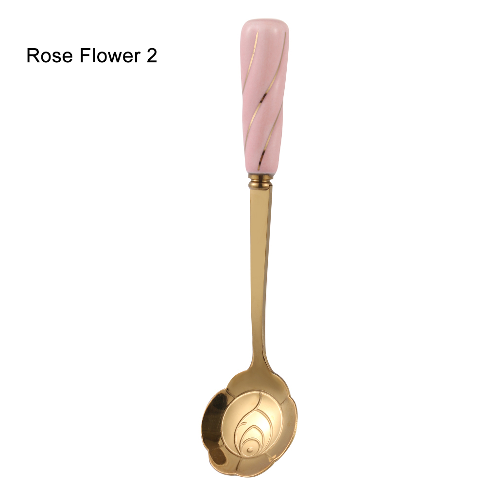 Rvs Koffie Lepel Keramische Handvat Theelepels Bestek Lepel Ijs Suiker Bestek Goud Keuken Tool: Rose Flower 2