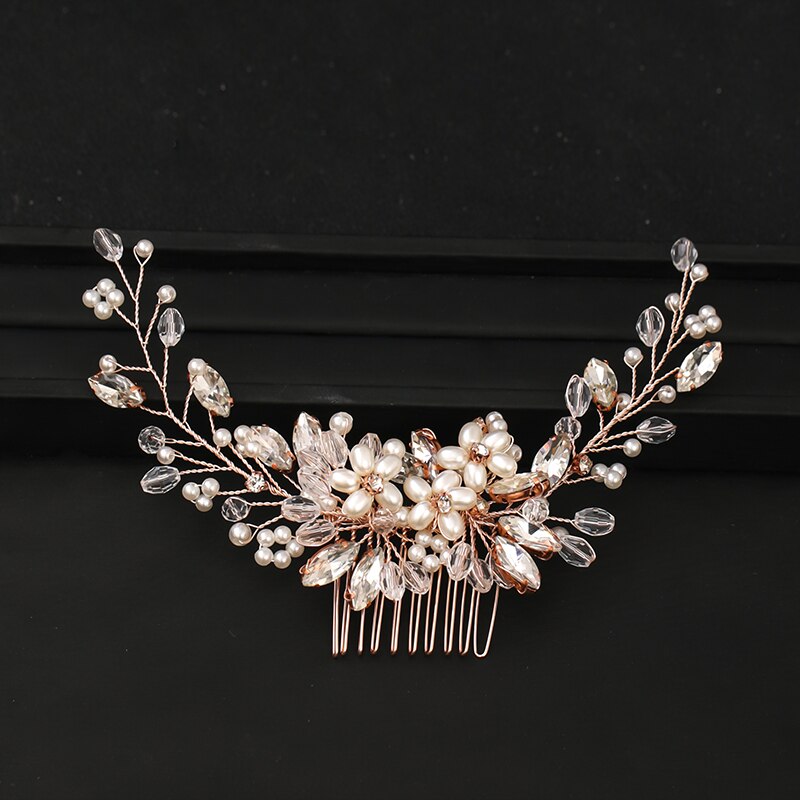 Vendita calda in oro Rosa di Cerimonia Nuziale Nuziale Dei Monili Dei Capelli Per Le Donne Del Partito Handmade Tiara Copricapo di Perle di Cristallo Dei Capelli Pettini Hairbands