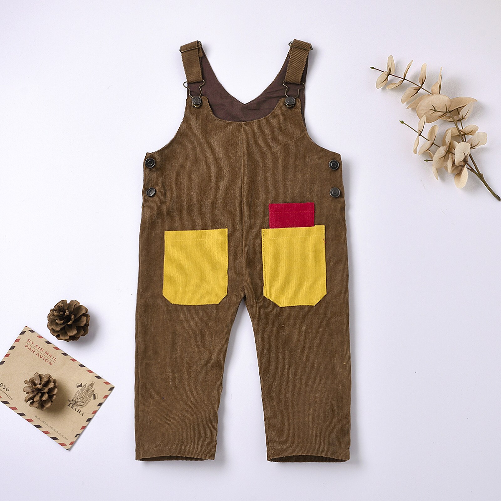 Peuters baby bretels broek romper corduroy jumpsuit herfst mouwloos zijzak patch kleur kinderen overalls knopen kleding