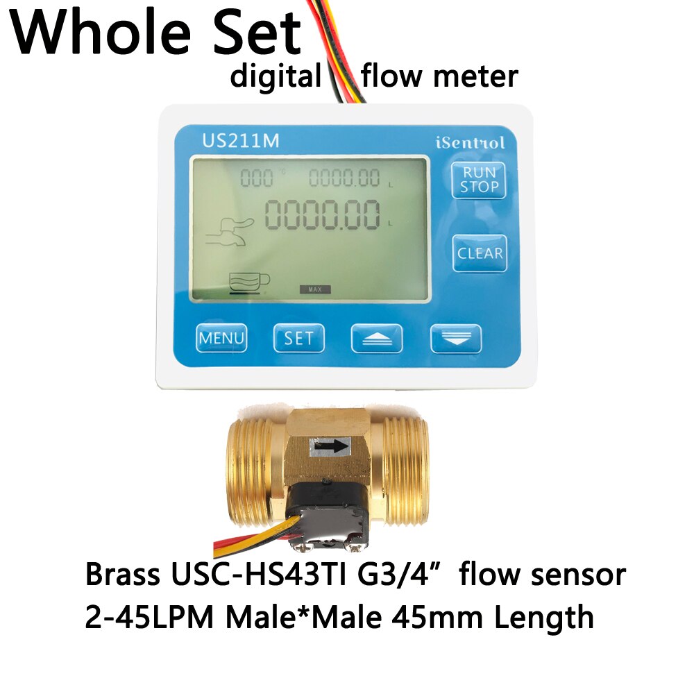 US211M USC-HS43TI Wasser Flow Meter Digitale Halle Wasser Flow Sensor Reader mit Messing 2-45L/min halle wasser durchflussmesser turbine