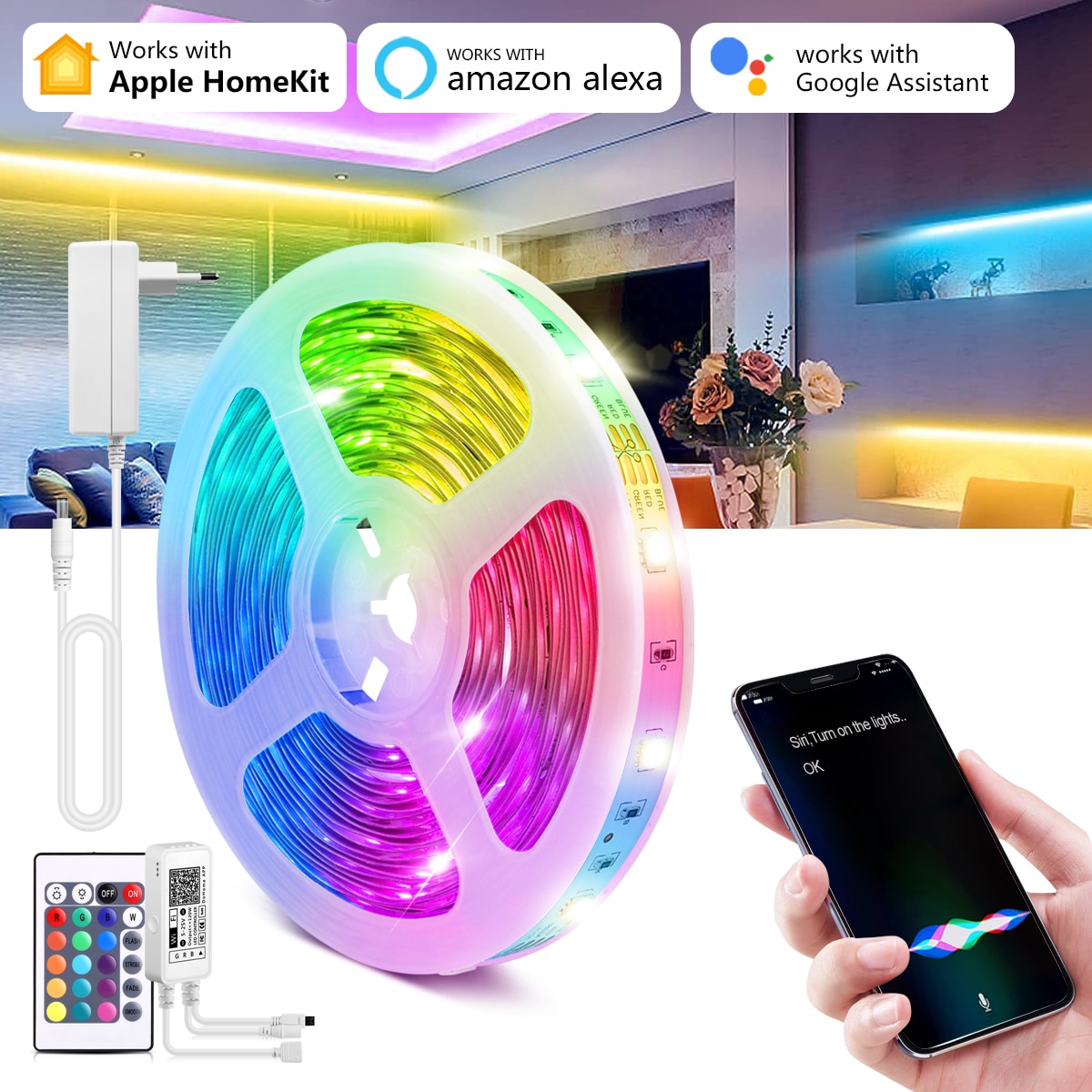 Homekit fita de luz led rgb wi-fi siri, controle por voz, fita neon, decoração de sala, funciona com alexa, google, apple home kit