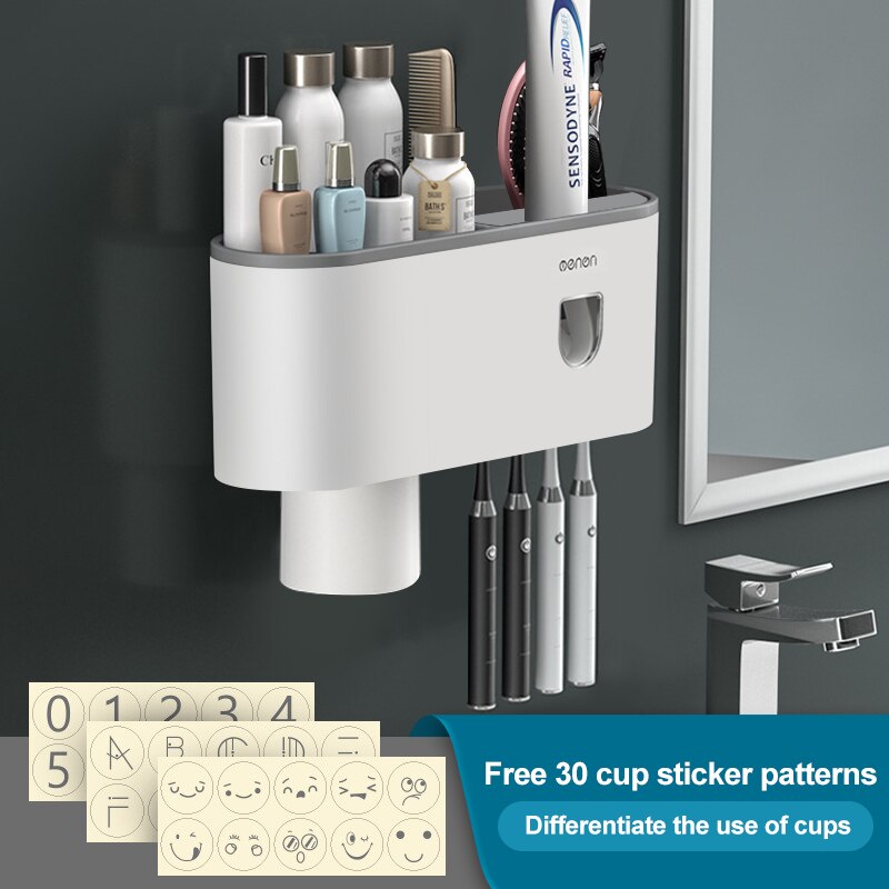Bathroom Magnetic Adsorption Inverted Toothbrush Holder Wall -Automatic Toothpaste Squeezer Storage Rack Bathroom Accessories: Gray with 1cups