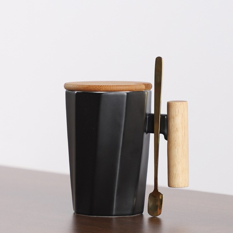 380ml Wood Handle Ceramic Coffee Mug Polygonal Office Home Milk Tea Cup For: Black Set