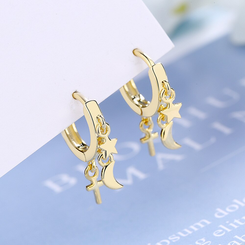 Pendientes sencillos de Plata de Ley 925 para mujer, aretes pequeños con botón de Luna y pequeña estrella, bisutería para hacer una declaración