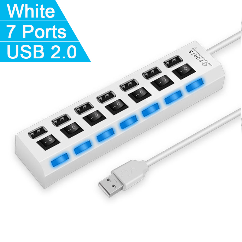 Szybki 4/7 portów USB HUB 2.0 Adapter Expander Multi USB Splitter Multiple Extender z włącznikiem lampy LED do laptopa PC: Black