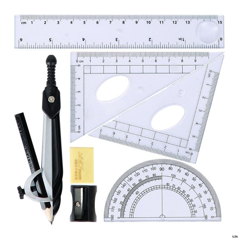 7pcs/set Math Geometry Protractor Drawing Compass Ruler Triangle Math Study Tool Kit School Supplies