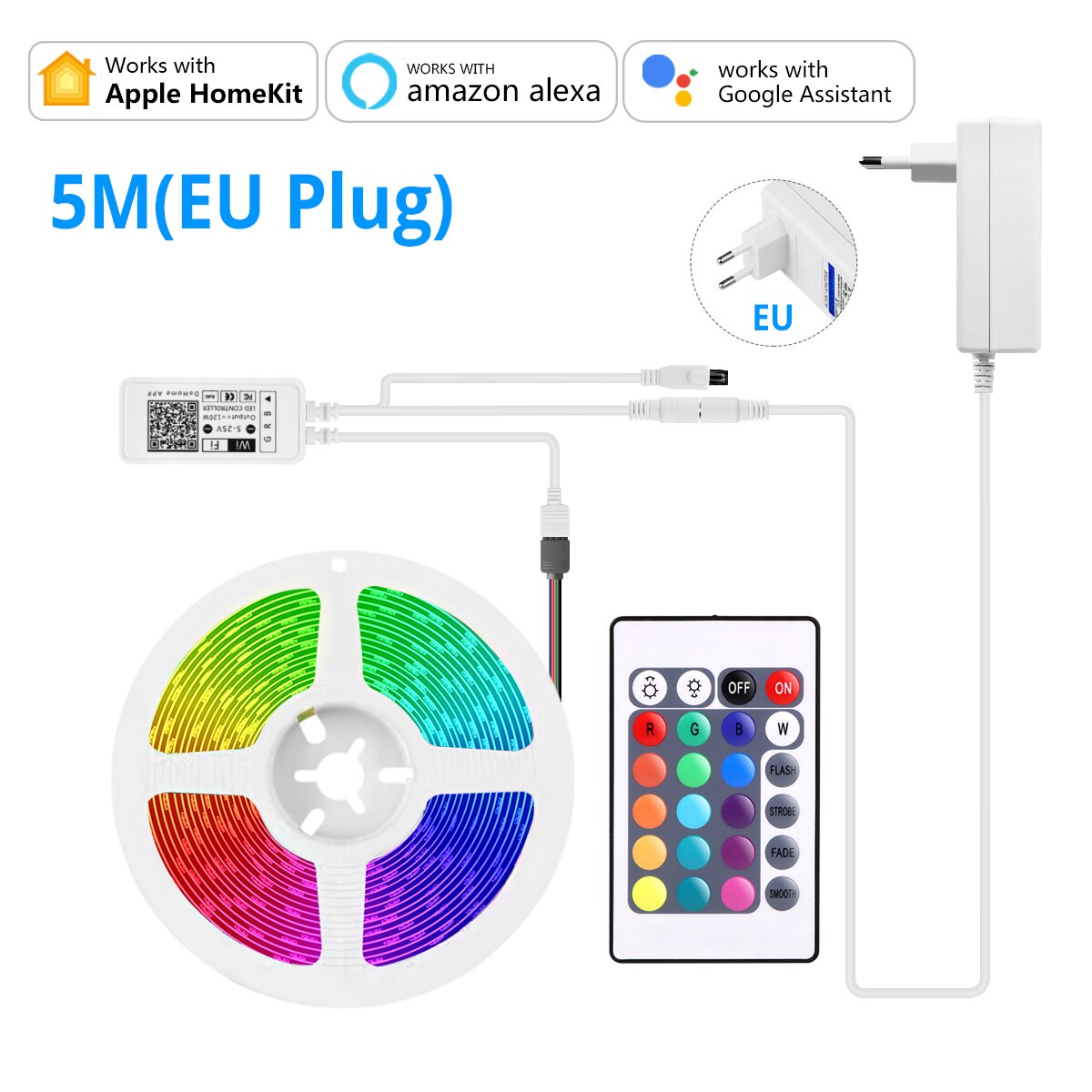 Homekit fita de luz led rgb wi-fi siri, controle por voz, fita neon, decoração de sala, funciona com alexa, google, apple home kit: 5M Set With EU Plug