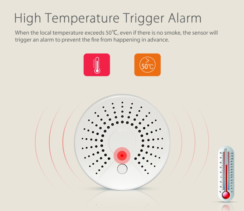 Slimme Draadloze Wifi + App Fire Smoke &amp; Temperatuur Sensor Draadloze Rook Temperatuur Detector Home Security Alarm Systeem