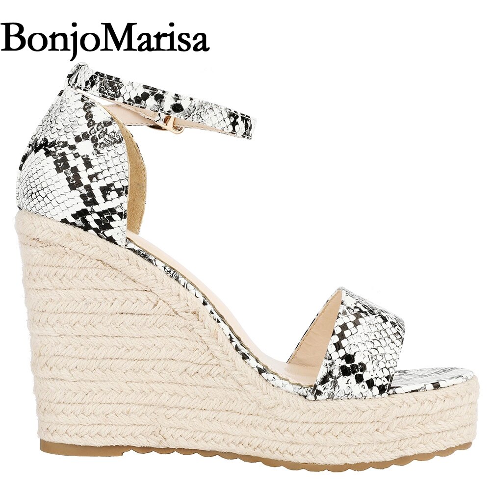 Gladiator Ankle Strap Espardirlle Wedge Heel Sandals Open Toe Snakeskin Print Summer Shoes Woman Party Wedding High Heel Sandals