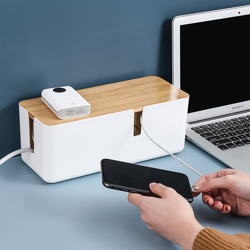 Black Power Strip Wire Case With Wood Cover Manage Cable Storage Box Dustproof Plastic Power Strip Storage Box Desktop Organizer