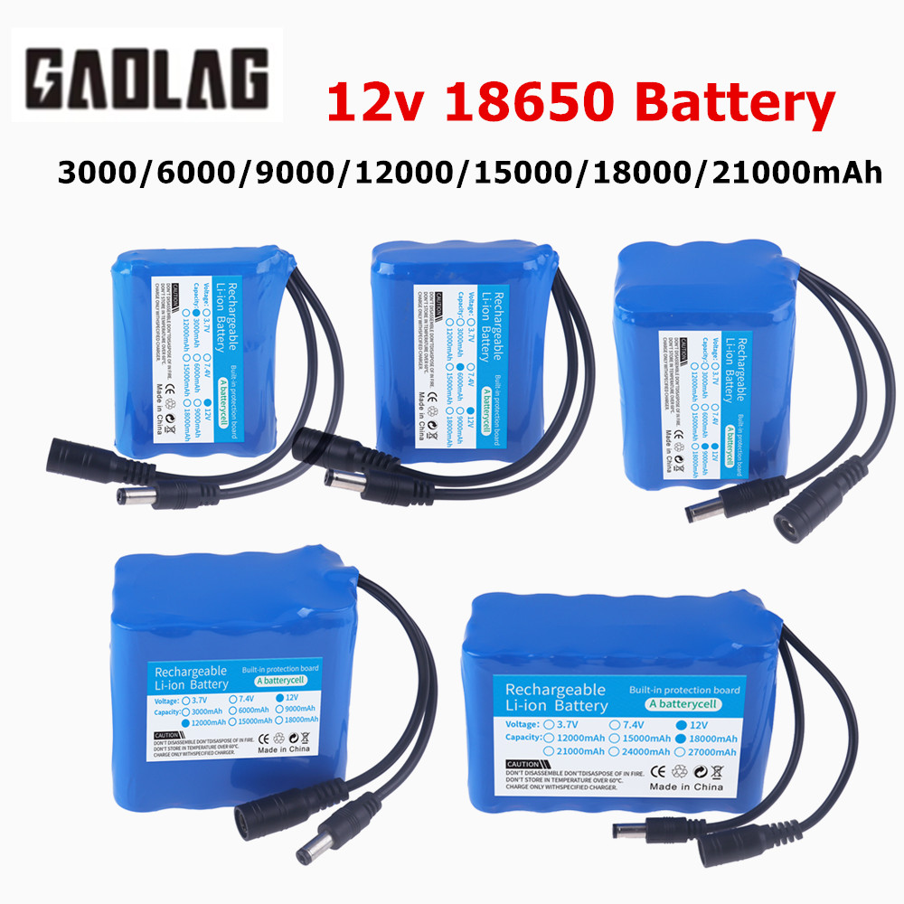 100% paquete de batería portátil de 12V 3000/6000/9000/12000/18000/21000mAh 12v 18650 iones de litio DC 12,6 V batería súper recargable