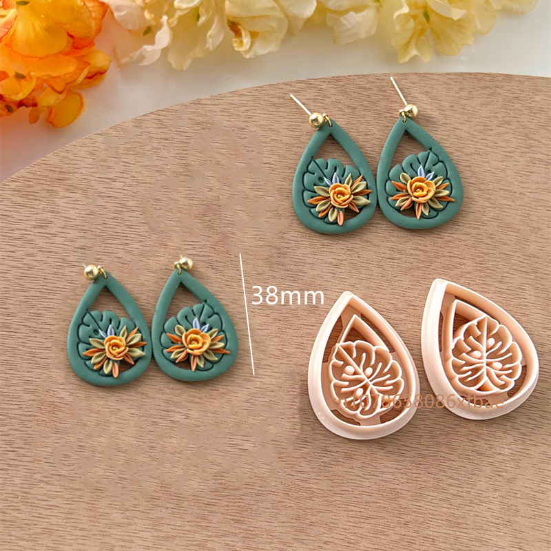 Cortadores de arcilla polimérica de hojas tropicales, hojas verdes en relieve, fabricación de cerámica, pendientes de arcilla colgantes, herramientas colgantes de joyería: plum