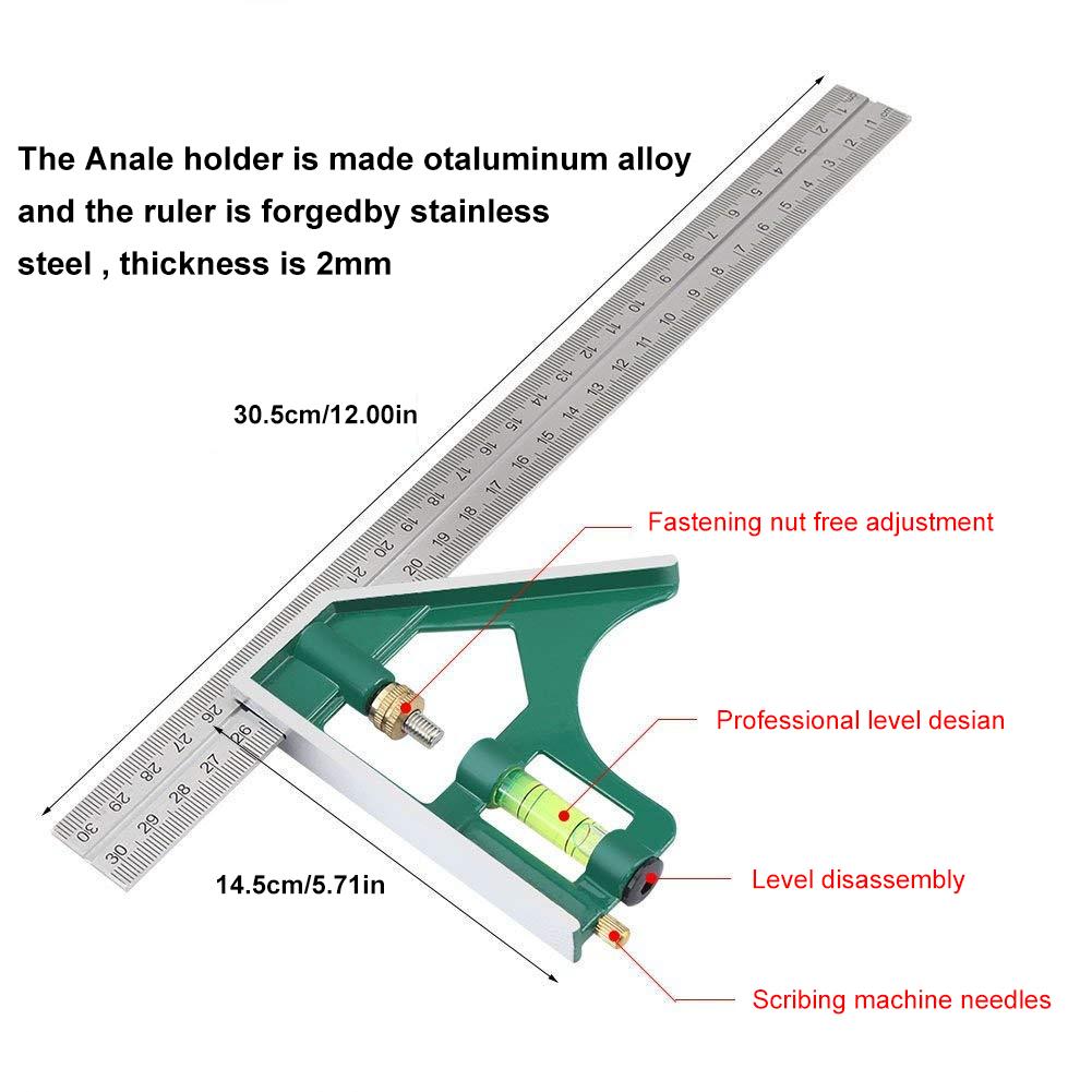 300MM Square Ruler Multi-Function Stainless Steel Combination Measuring Tool With Adjustable Quadric Head