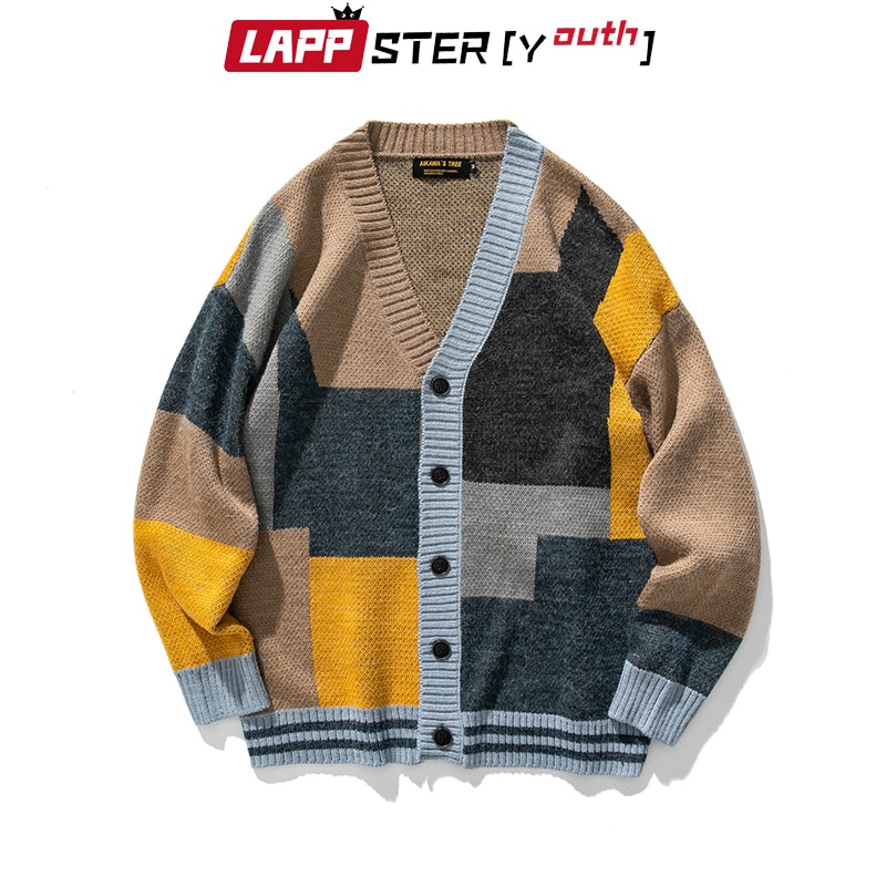 LAPPSTER-Youth Men Patchwork Winter Cardigan Autumn Mens Harajuku Korean Oversize Knitted Sweater Male Button Coats