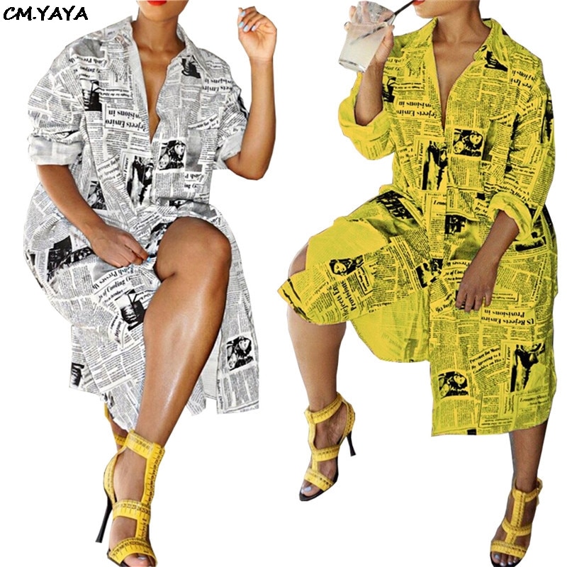 Vrouwen Zomer Brief Krant Print Button Up Lange Mouwen Mid Calf Lengte Dres Blouse Shirt Mode Jurken 2 Kleur LKE8017