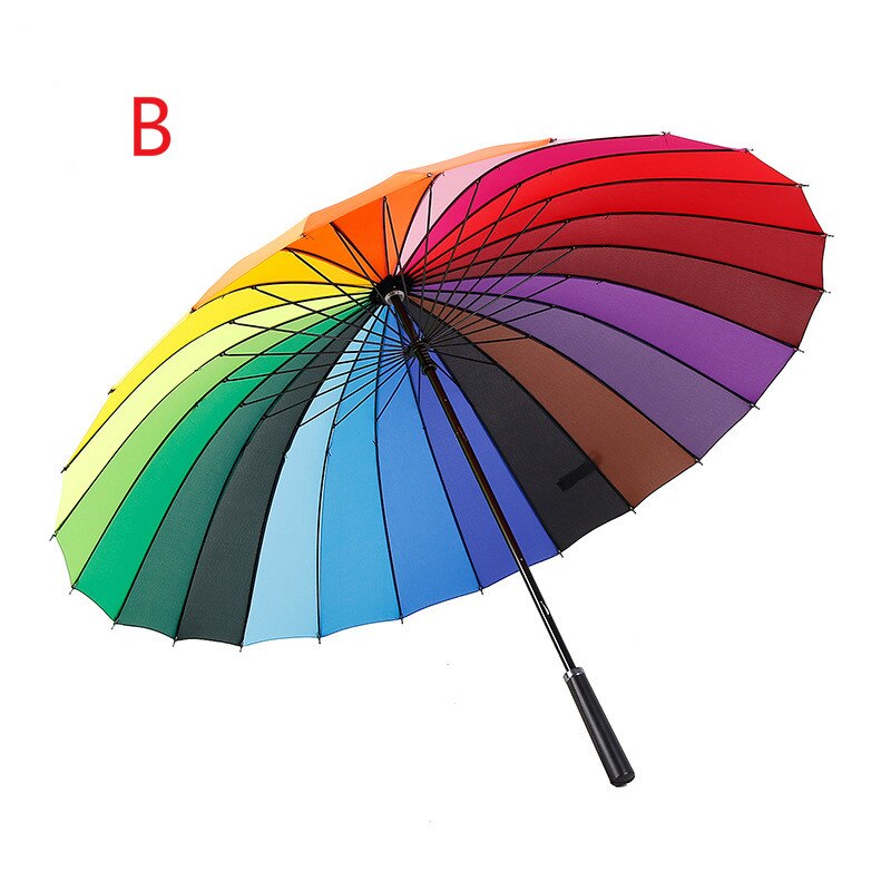 Large windproof long handle umbrellas for female men's rain gear 24 Ribs rainbow umbrella: B