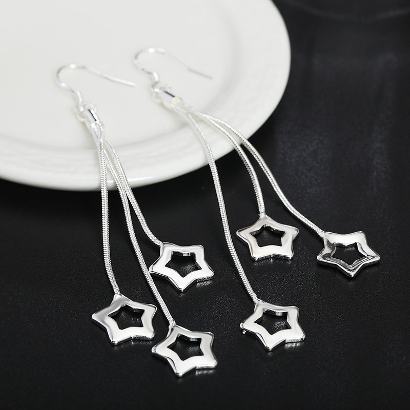 925 Silver 8.5cm Long Tassel Snake Chain Hollow Star Earrings For Women Wedding Jewelry