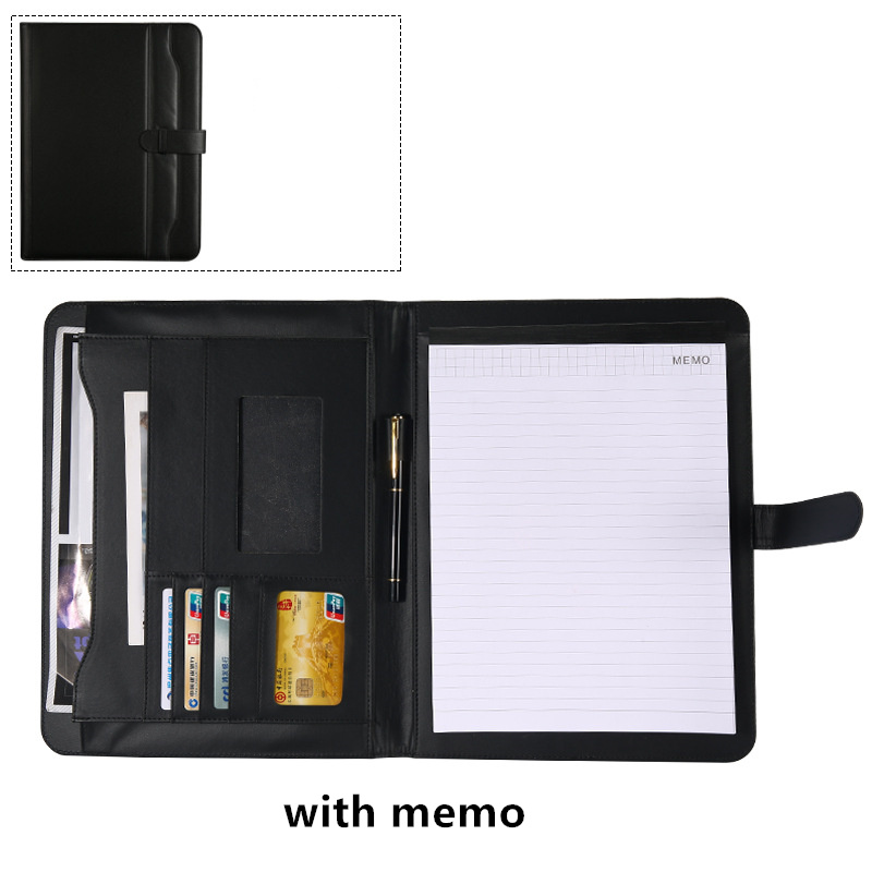 File Organizer Portfolio Folder Document Bags PU Leather Notepad Multi-function Card Holder Pen File Clip Calculator Memo: black-B