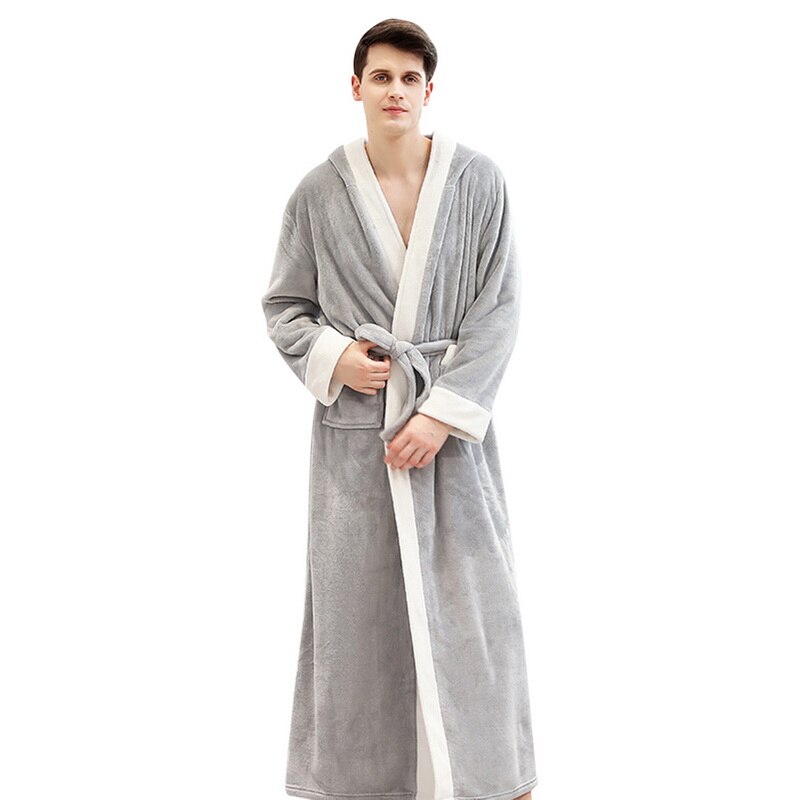 Männer Plus Größe extra Lange Warme Flanell Pelz Bademantel Herren Winter Nachtwäsche Männliche Mit Kapuze Schlecht Kleid Frauen Korallen Dressing Kleid: hell grau / L