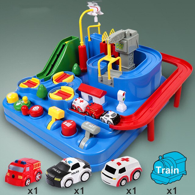 2 in 1 Manual Car Adventure Track Toys for Children Rescue Vehicles Adventure Toys Racing Tracks Rail Car Toys for Boys: Blue D Set