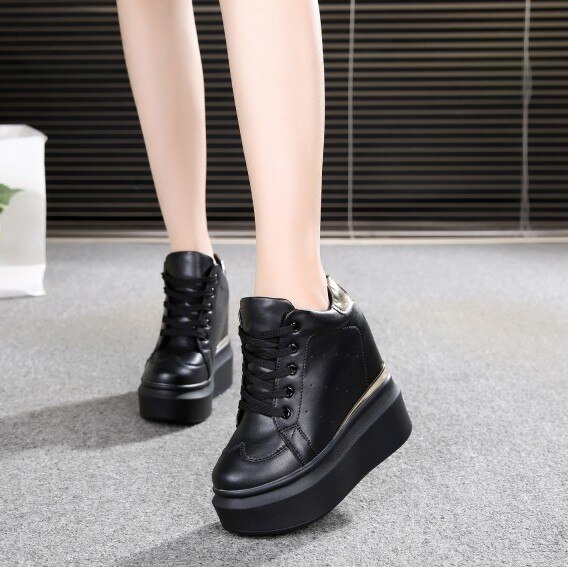 Lente Vrouwen Hoge Platform Schoenen Hoogte Toenemende Dames Sneakers Herfst Trainers Pu Leer Ademend Casual Schoenen Wit: Black / 7