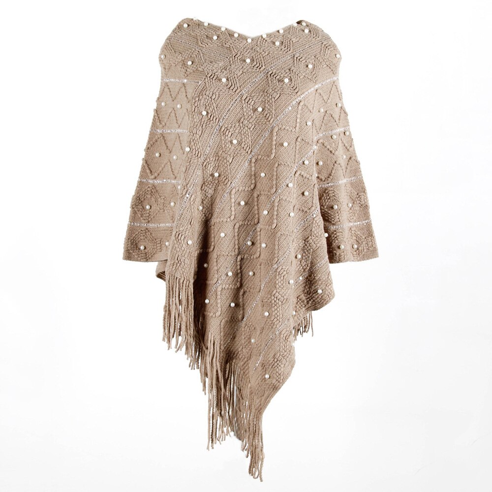 Chal blanco, prendas de vestir exteriores, suéter de punto con borla, capa holgada informal para mujeres, suéter, chal, Poncho de primavera Otoño, capa Irregular con dobladillo: Caqui
