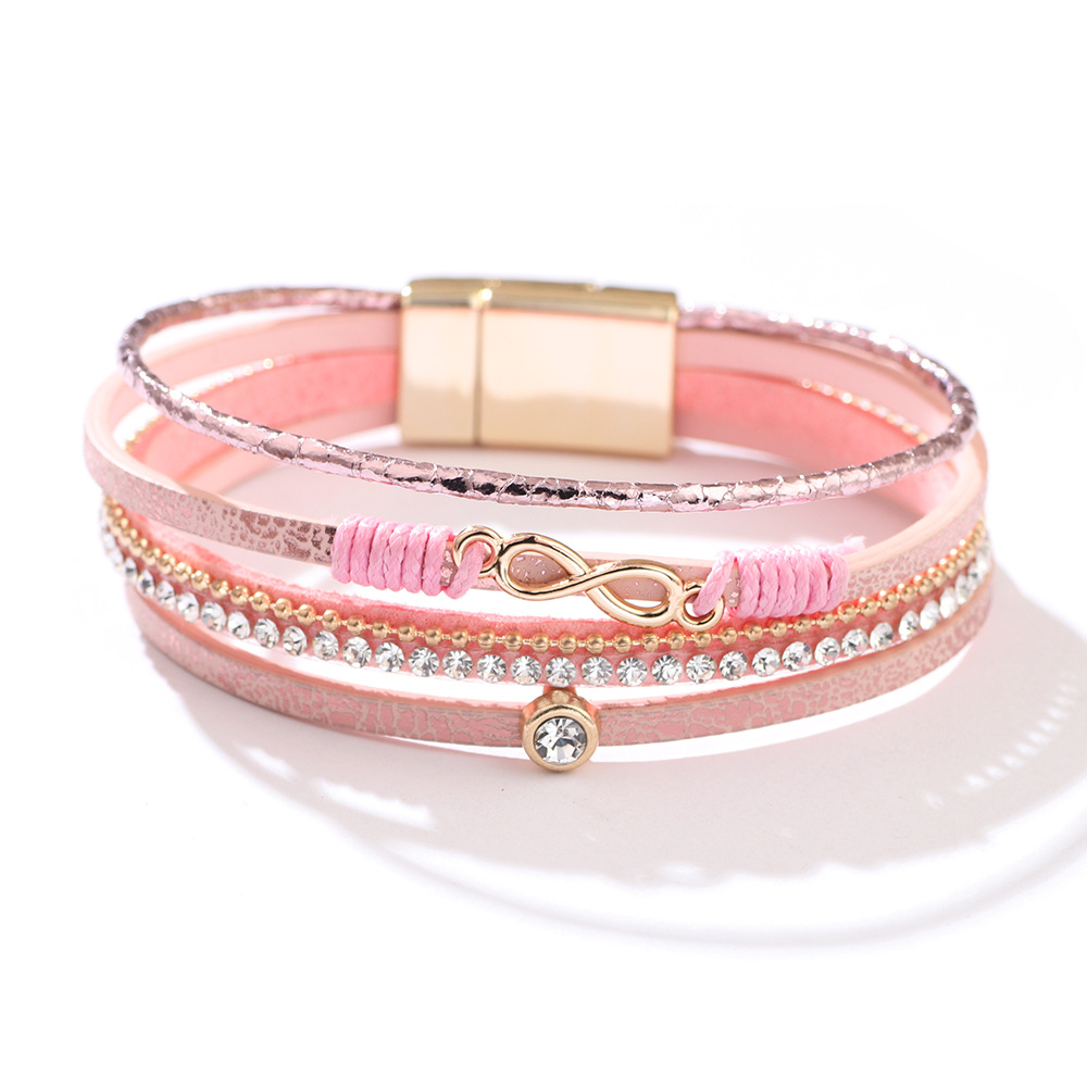 ALLYES Bohemian Infinity Charm bracciali in pelle per donna moda strass bracciale avvolgente bracciale regali gioielli femminili: Pink