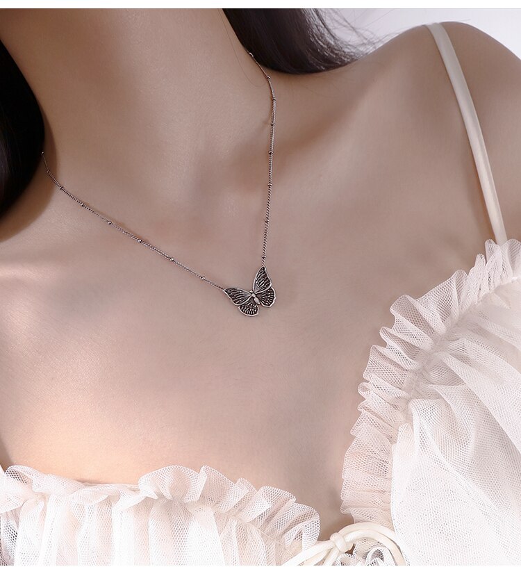 ANENJERY Arrivals Butterfly Pendant Thai Silver Color Necklace for Women Party Clavicle Chain Necklace Jewelry S-N649: S-N650