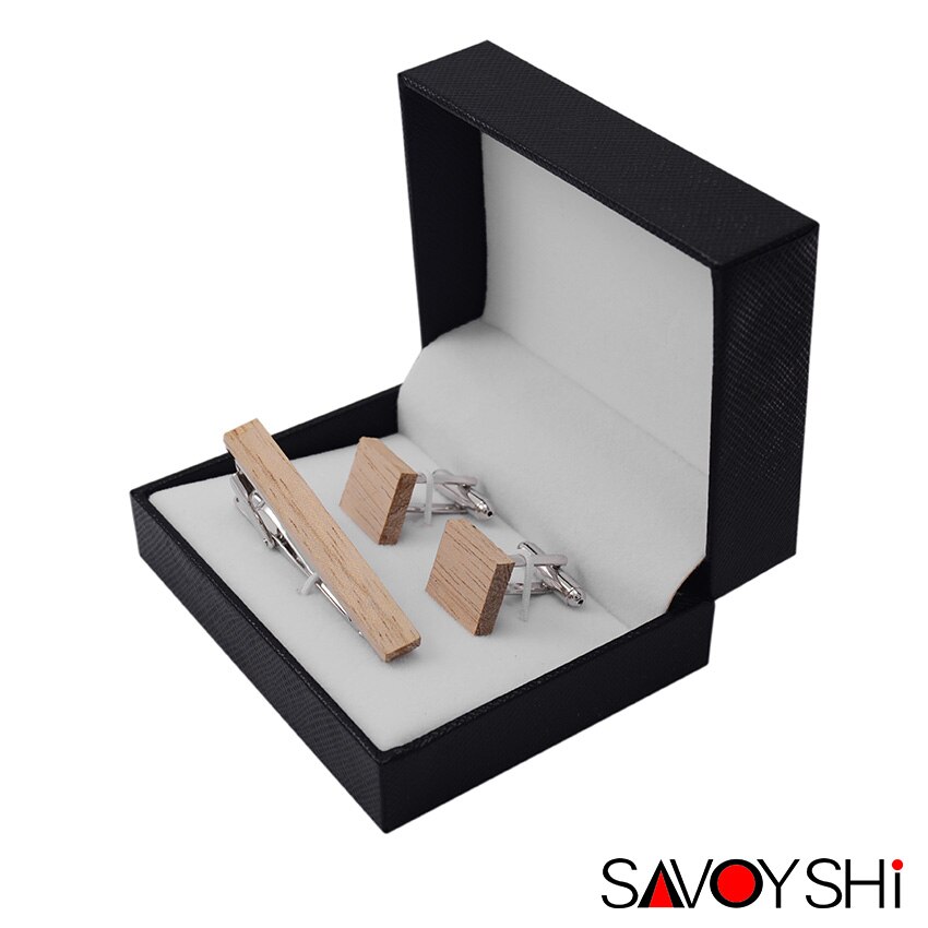 SAVOYSHI Low-key Luxury Wood Cufflinks Tie Clips Sets Concise Rice white Cuff links Business Brand Jewelry