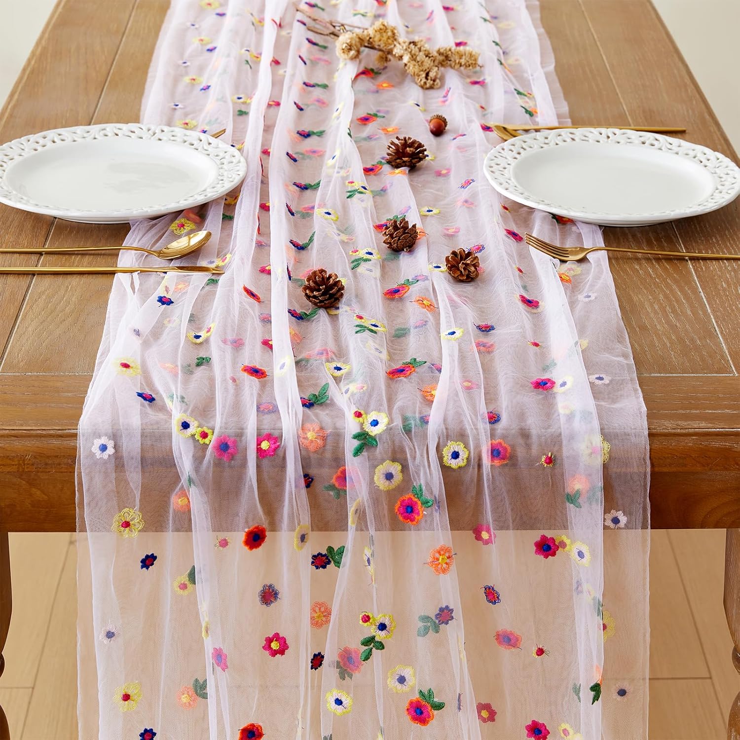 Bieżnik na stół w kwiaty, haftowana stokrotka, sezonowa dekoracja stołu, tiulowa tkanina robić dekoracji domu, niemowlę prysznic, imprez, rękodzieła DIY